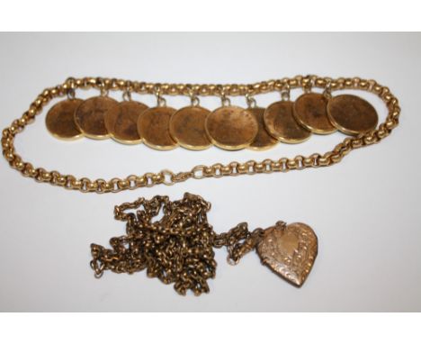 A YELLOW METAL CHAIN WITH MOUNTED HALF PENNY COINS, TOGETHER WITH A LOCKET PENDANT ON LONG MUFF CHAIN (2)M 