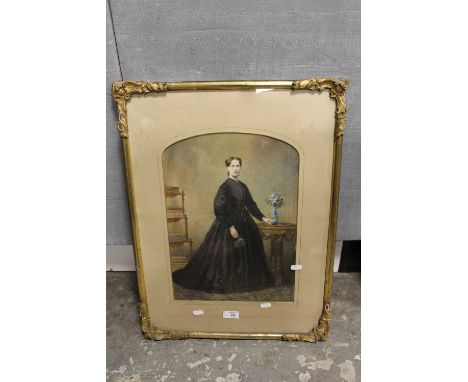 AN ANTIQUE GILT FRAMED AND GLAZED MIXED MEDIA OVER PRINT BASED FULL LENGTH PORTRAIT STUDY OF A LADY IN CLASSICAL DRESS