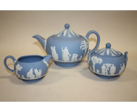 A BLUE WEDGWOOD JASPERWARE 3 PIECE TEA SERVICE