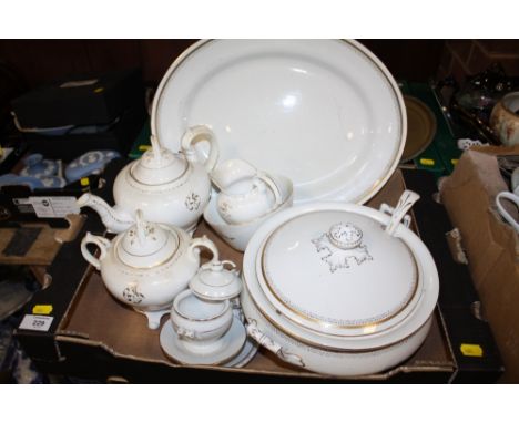 A TRAY OF WHITE AND GILT CHINA TO INCLUDE A VICTORIAN STYLE FOUR PIECE TEA SERVICE
