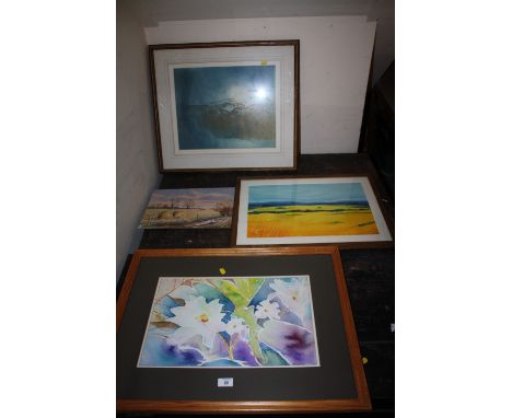 TWO FRAMED WATERCOLOURS OF A LANDSCAPE AND FLOWERS TOGETHER WITH AN UNFRAMED WATERCOLOUR OF CATTLE IN A FIELD SIGNED JACK SAV