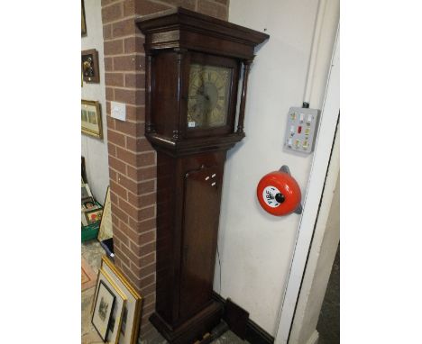 AN ANTIQUE OAK BRASS FACED 30 HOUR LONGCASE CLOCK BY PETER HUTTON   - STAFFORD H-187 CM A/F * REDUCED IN HEIGHT *