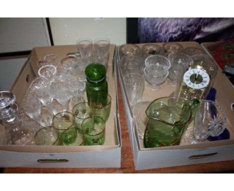 TWO TRAYS OF ASSORTED GLASSWARE TO INCLUDE EDINBURGH CRYSTAL, ETCHED GLASS DECANTER ETC. 