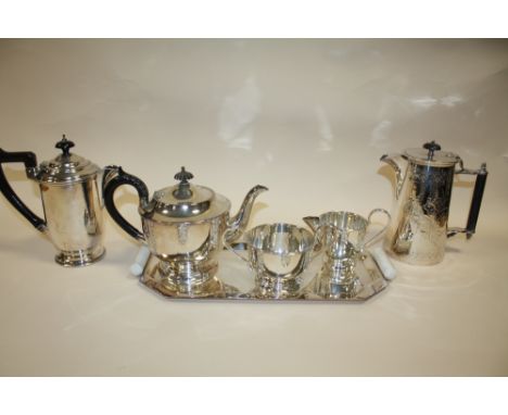 A SILVER PLATED THREE PIECE TEA SERVICE ON SILVER PLATED TRAY TOGETHER WITH TWO OTHER SILVER PLATED JUGS