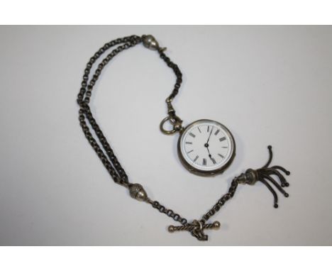 A VICTORIAN SILVER FOB WATCH ON LONG SILVER ALBERTINA CHAIN