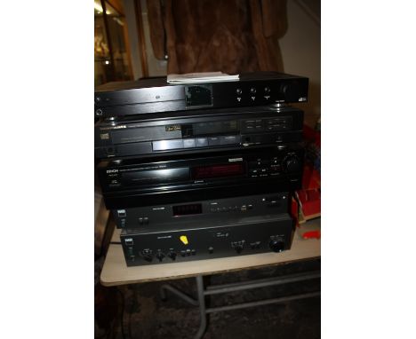FIVE STACKING STEREO SEPARATES TO INCLUDE NAD STEREO AMPLIFIER AND STEREO TUNER, MARANTZ, DENON ETC. TOGETHER WITH A BOX OF W