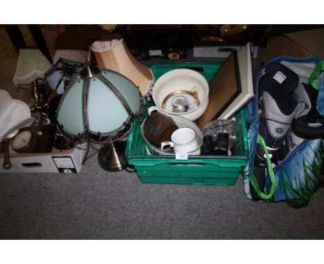 TWO TRAYS OF ASSORTED SUNDRIES TO INCLUDE A QUANTITY OF LAMPS, PAIR OF ROLLER BLADES