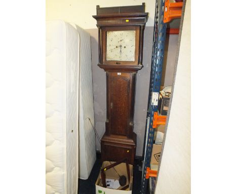 A 19TH CENTURY OAK AND MAHOGANY EIGHT DAY LONGCASE CLOCK BY THOMAS KNIGHT OF STONE H-210 CM A/F *NO GLASS TO HOOD / NO WEIGHT