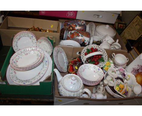 FOUR BOXES OF ASSORTED CERAMICS AND CHINA TO INCLUDE A GILT ROYAL WORCESTER THREE PIECE TEA SERVICE, JOHNSON BROS CHINA ETC. 
