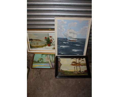 FOUR ASSORTED OIL PAINTINGS TO INCLUDE A SHIP AT SEA, SEASCAPE VIEW, ETC, ALL SIGNED J W GITTINGS