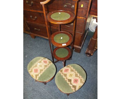 A SLENDER MAHOGANY 3 TIER DUMB WAITER AND 2 MAHOGANY TAPESTRY FOOTSTOOLS (3)