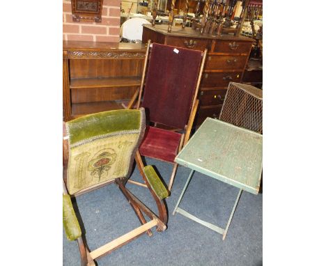 TWO ANTIQUE FOLDING CHAIRS WITH TAPESTRY/MATERIAL COVERINGS AND A FOLDING GREEN PAINTED BUTLERS TRAY (3)