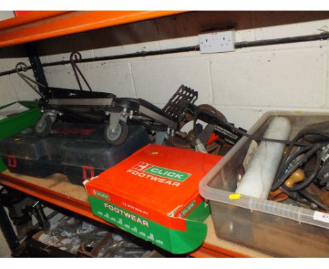 A SELECTION OF TOOLS AND PARTS ETC TO INCLUDE PLANES, ANGLE GRINDERS, SACK TRUCK AND FOOTWEAR