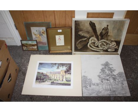A COLLECTION OF ASSORTED PICTURES TO INCLUDE A HERBERT OSWALD LUMBY PENCIL SKETCH STILL LIFE OIL ON BOARD (6)