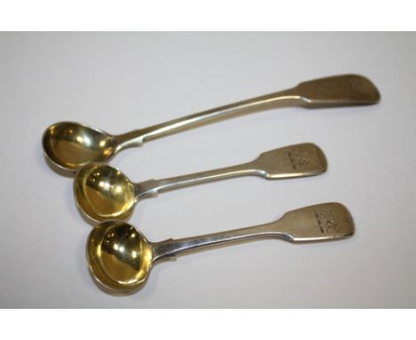 A SCOTTISH SILVER HALLMARKED SILVER MUSTARD SPOON TOGETHER WITH A PAIR OF ANTIQUE SILVER MUSTARD SPOONS