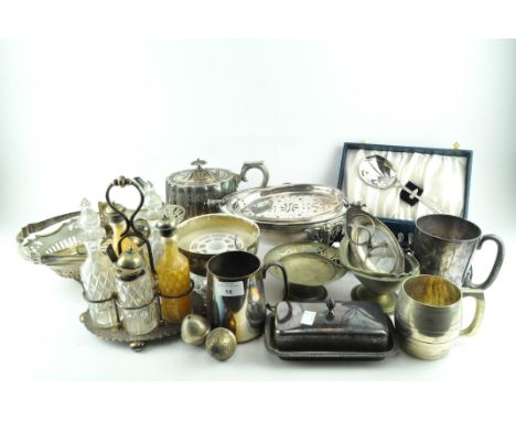 A collection of EPNS and metalware, including a cased set of shell-shaped spoons, a Victorian fluted teapot and assorted mugs