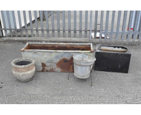 Three troughs, a stone planter and another, largest trough 130cm wide