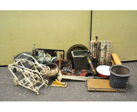 An array of various collectable's, mostly metalware, including fireside tools, enamel bowl, brass pot and much more