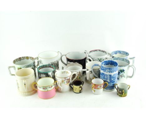 A collection of two-handled ceramic mugs, including pear ware, Staffordshire pottery Royal Worcester and others, early 19th c