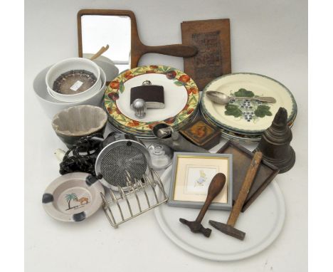 Assorted collectables, including a silver plated toast rack, a jelly-mould, Poole Pottery plates, an early hairdryer by Osbor