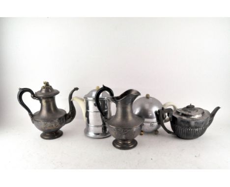 A silver plated coffee pot and ewer; an EPNS teapot and two others (5)