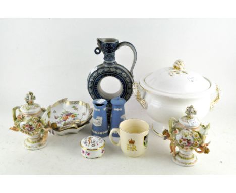 An assorted collection of ceramics, including a pair of Dresden dishes and a pair of Dresden flower-encrusted vases and cover