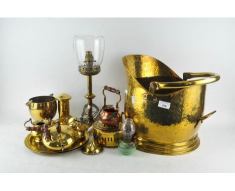 Assorted brass ware, including a coal bucket and electrified oil lamp, novelty money bank in the form of a post box and more
