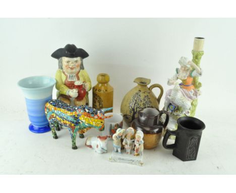 A Dresden candelabra base, pearlware Toby jug, Shelley vase and other ceramics