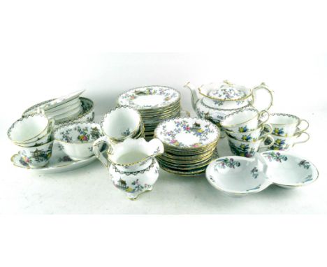 An Aynsley part dinner and tea service, printed with chinoiserie flowers and other items