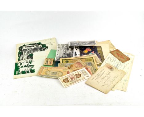 A collection of vintage shipping menus and postcards, Cunard and White Star, with various old banknotes and letters