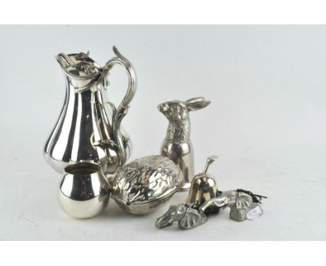 A collection of of silver plate and metalware, including a stirrup cup, a lobed coffee pot and cover, 21 cm high, a shell sha