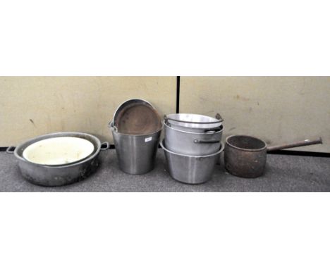 A parcel of aluminum and enamel cooking pots and jam pans, largest 50cm high