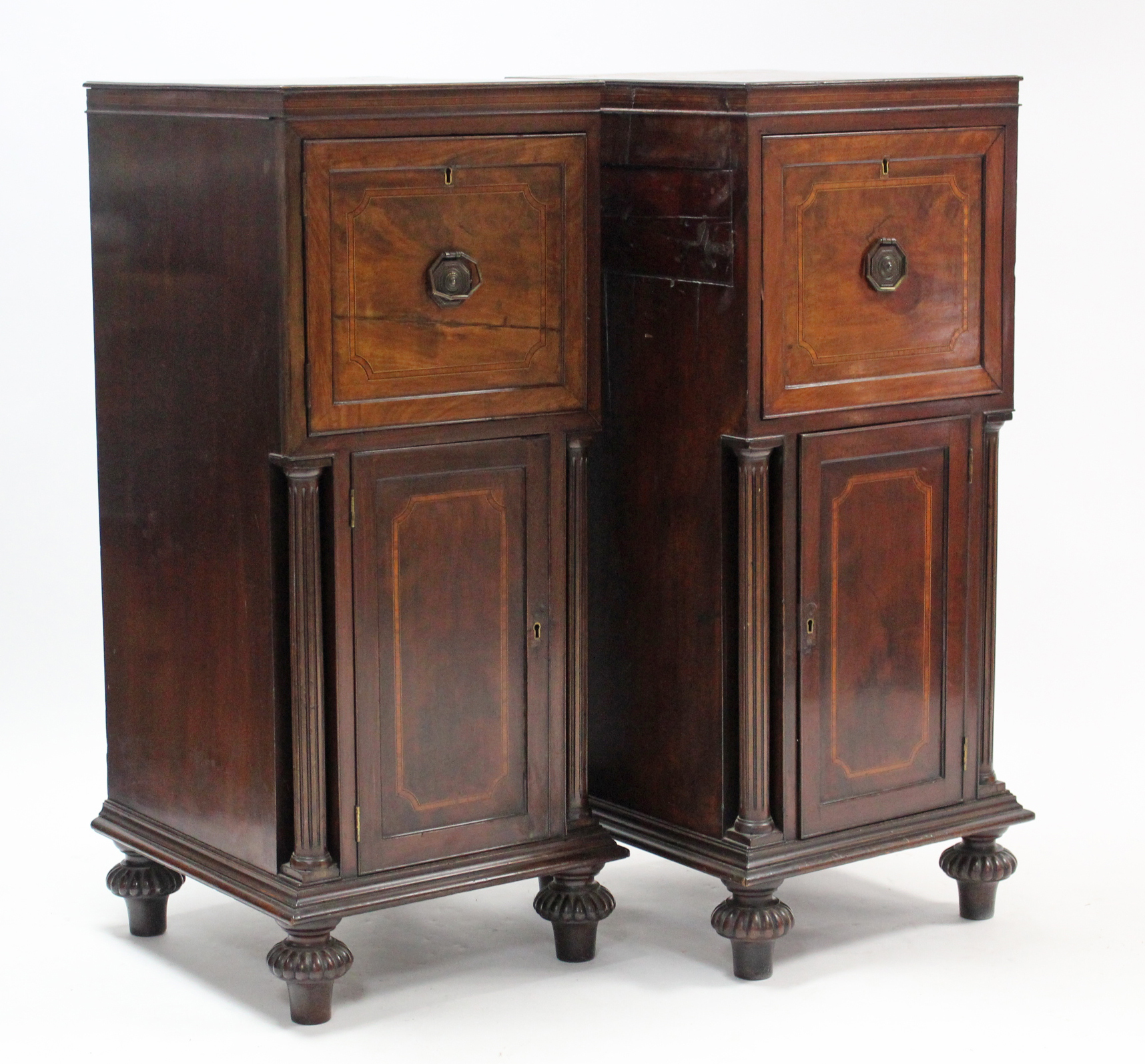 A pair of inlaid-mahogany pedestals, each enclosed by two panel doors ...