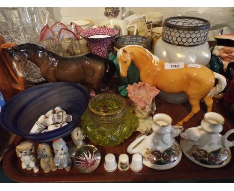 A Tray of Glassware and Ceramics to Include Two Beswick Horses (Both AF) Glass Rose Bowl and Planter, Wade Whimsies, Thimbles