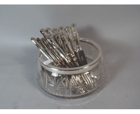 A Cut Glass Silver Plate Mounted Fruit Bowl Containing Six King's Pattern Fish Knives and Forks and Ladle.