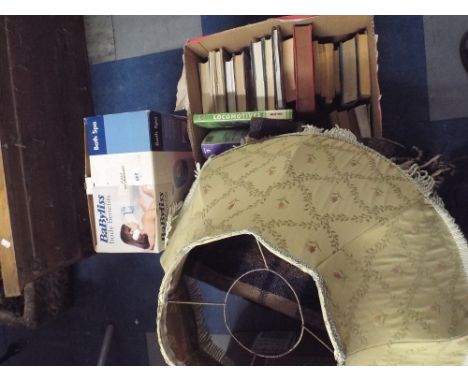 A Bag Containing Various Kitchenwares, Electric Fan, Car Blanket, Books, Bath Spa, Standard Lamp Shade.