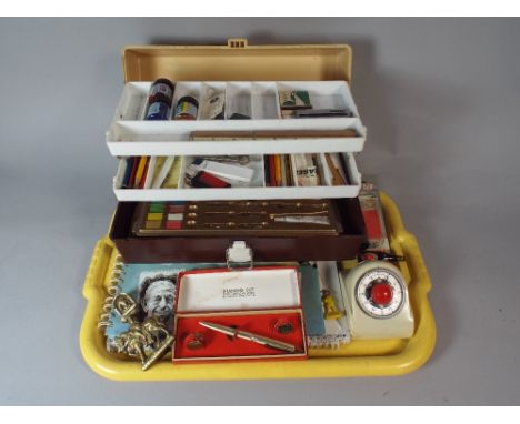 A Tray of Sundries to Include Utility Tackle Case, Artists Materials, Vintage Timer, Lady Godiva Door Knocker Etc. 