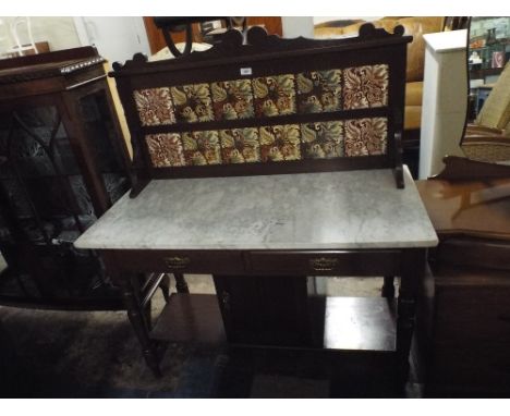 A Late Victorian Marble Topped and Tiled Back Wash Stand with Two Drawers and Centre Cupboard Under on Stretcher Shelf.