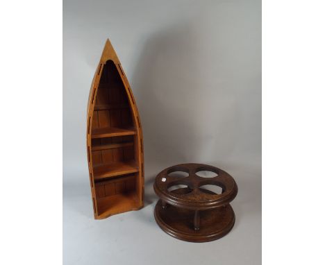 A Modern Small Shelf Unit in The Form of A Rowing Boat 62 Cm High Together with An Oak Four Bottle Coaster.