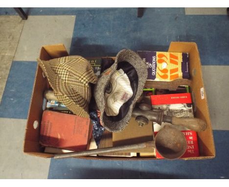 A Box Containing Garden Spray, Blacksmith's Ladle, Books Hats Etc. 