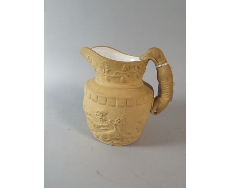 A Stoneware Tavern Jug with Hunting Scenes in Relief Having Glazed Interior (Hairline).