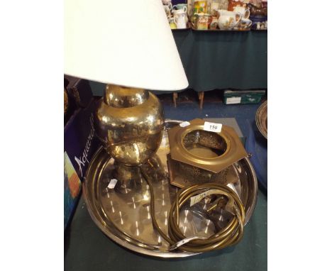 A Circular Silver Plated Tray and Brass Table Lamp Etc. 
