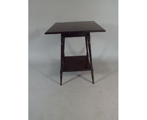 An Edwardian Mahogany Square Topped Occasional Table on Turned Supports with Stretcher Shelf. 