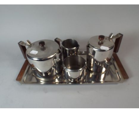 A Stainless Steel Four Piece Tea Service with Tray.