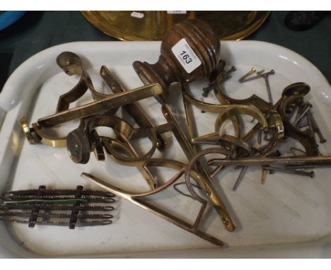 A Collection of Eight Brass Curtain Pole Supports, Turned Wooden Finial Etc. 