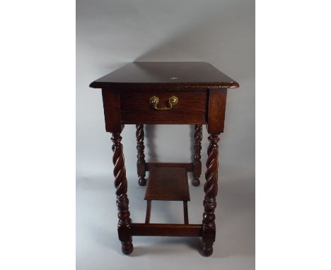 An Oak Side Table with Drawer on Barley Twist Supports with Stretcher Shelf.