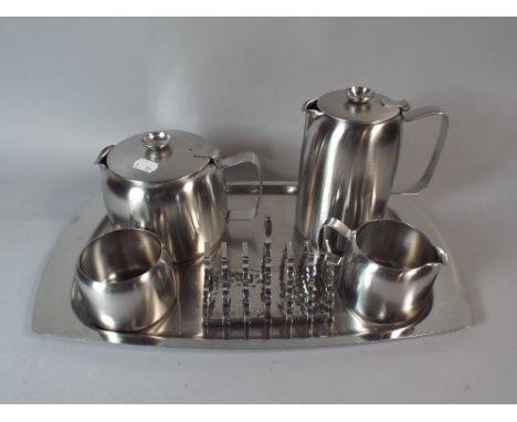 An Old Hall Four Piece Stainless Steel Tea Service on Tray with Toast Rack.