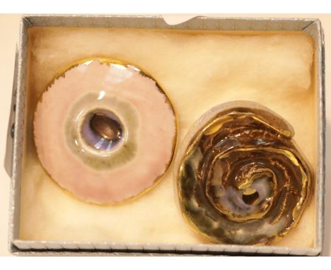 Two unusual glazed ceramic brooches. Edwardian type unmarked yellow metal diamond and amethyst set pendant 12.2grams L4.5cms.