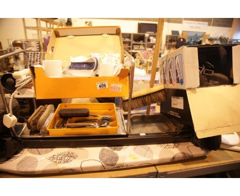 Mixed lot including an ironing board, roof rack, ski holders, wheelbarrow, wheel etc. This lot is not available for in-house 