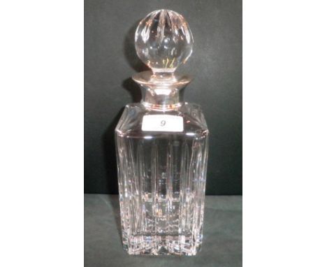 A Carrs crystal decanter and stopper of mallet form, with silver collar.